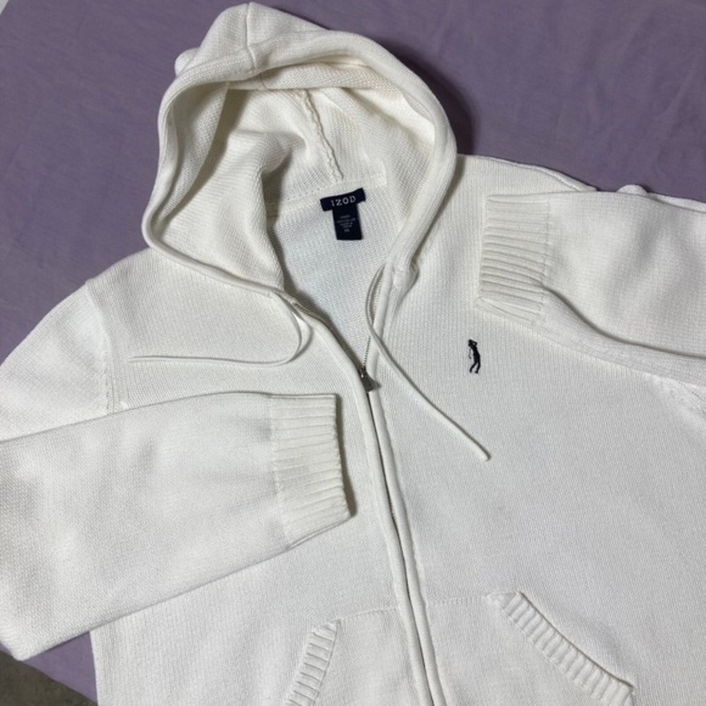 Vintage IZOD Womens XL White Full Zip Hoodie Sweater Golf Logo Japan Made